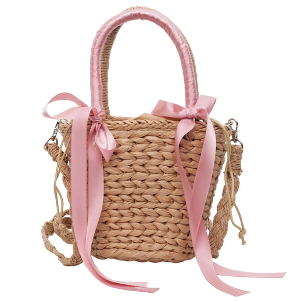 Bolsos Tejidos para Mujer Bolso Mano Tejido Paja Con Lazo para en La Playa (marrón Rosa)