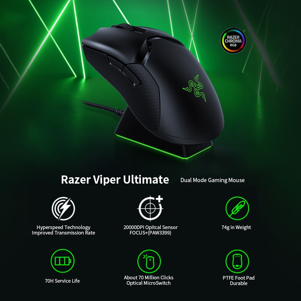 Razer Viper Ultimate Hyperspeed Lightest Wireless Gaming Mouse Focus Optical Sensor 000dpi Chroma Lighting 8 Programmable Buttons 70 Hr Battery Rgb Charging Dock Walmart Com Walmart Com