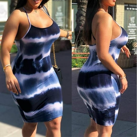 Women Dresses Plus Sling Sleeveless Sexy Fashion Dresses Plus Size Printed Fashion Dresses Blue Trendy Skirt Size 4XL