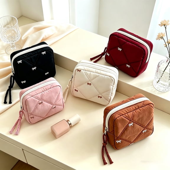 Steadline Quilted Bow Cosmetic Pouch,Compact Zipper Storage Case With Soft Textured Surface,Portable Travel Organizer For Lipsticks Toiletries Sanitary Items Daily Carry And Weekend Outdoor Trips