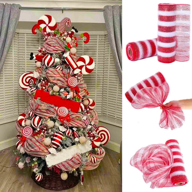 Cagogo under $5 2Pcs Christmas Candy Striped Mesh Ribbon, Christmas Candy Stripe Mesh,Rolled Decorative Ribbon,Diy Christmas Tree Decor,Red and White Striped Mesh,Festive Craft Ribbon