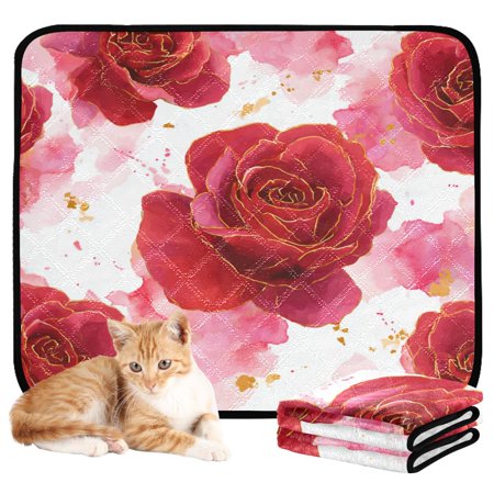 RMDQTR 3Pack Set of Small Pet Potty Pads Reusable Ultra-Absorbent Pet Training Pads Leak-Proof Pet Pads Digital Art Red Roses Pattern