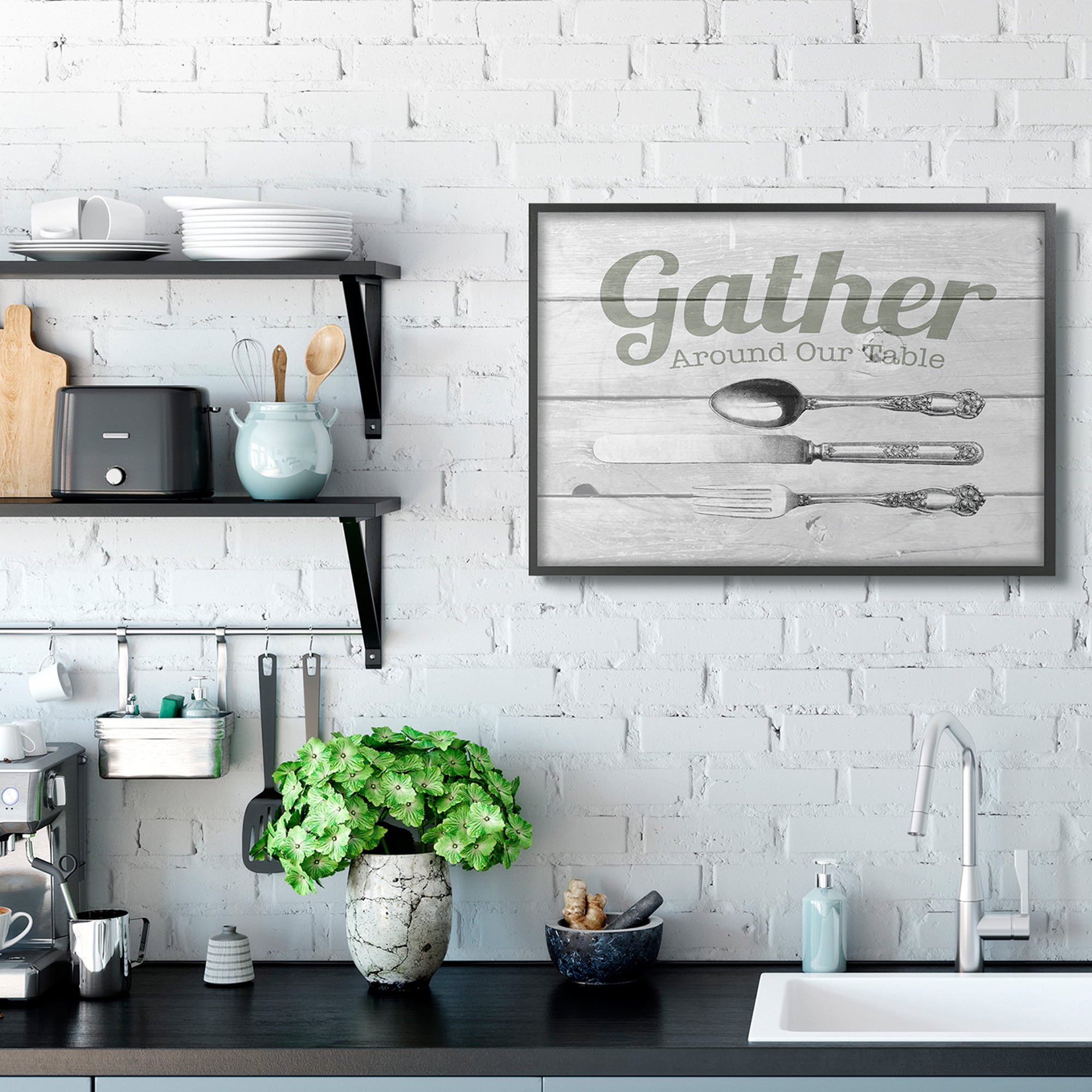 Stupell Industries Gather Silverware Kitchen Wood Texture Word Design Graphic Art Black Framed Art Print Wall Art, 24x30, by The Saturday Evening Post