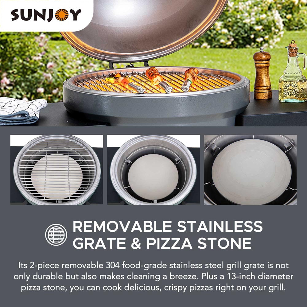 Sunjoy Group Egg-Shaped Charcoal Grill Ceramic Stainless Steel 20 Inch Kamado BBQ Smoker with Pizza Stone 46.22" x 25.75" x 46.46"