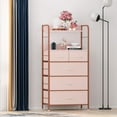 thumbnail image 5 of Coromose 5 Drawer Fabric Dresser for Bedroom, Chest of Drawers with Wood Top, Metal Frame & Open Shelf, Pink, 5 of 7