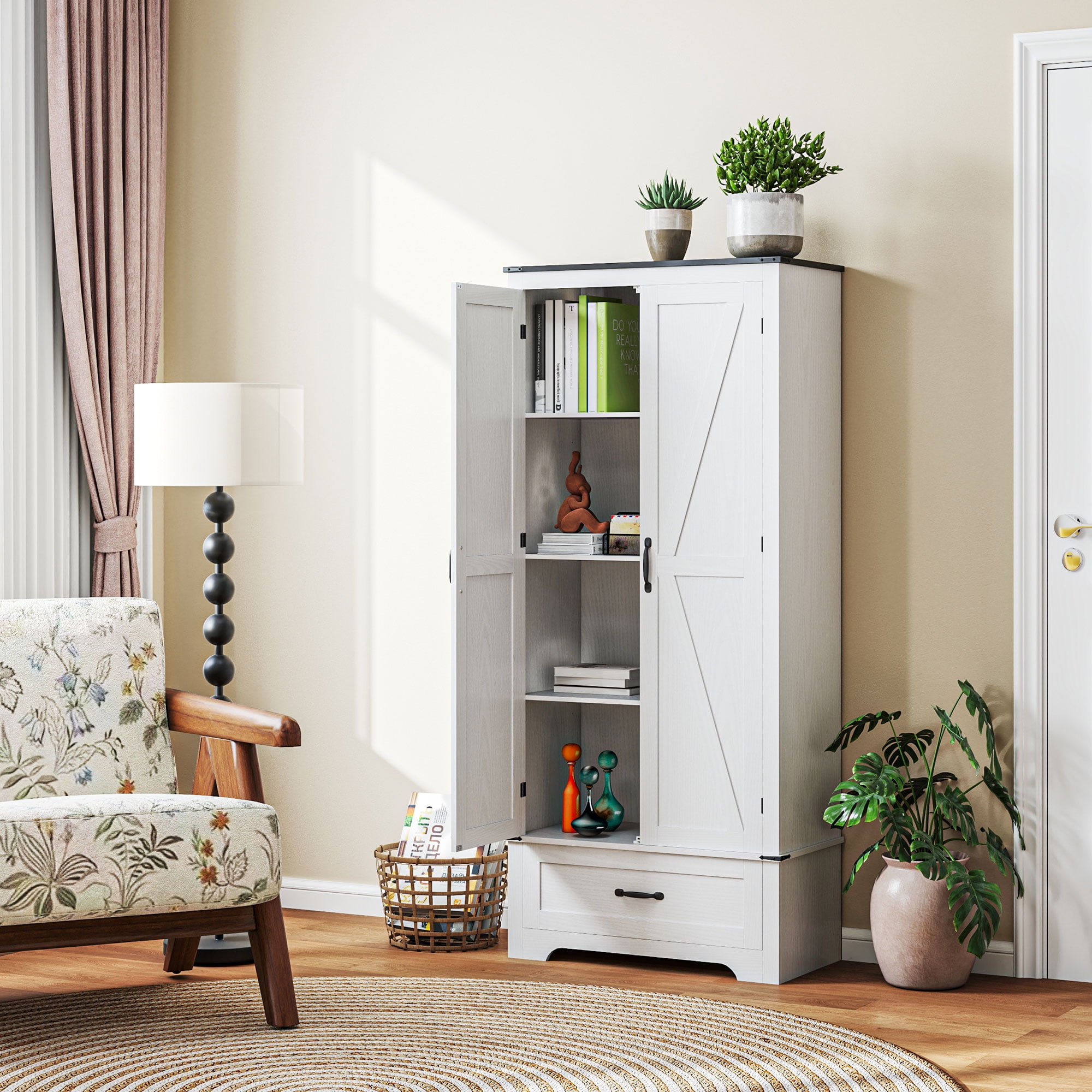 HOMCOM Farmhouse Pantry Cabinet, Kitchen Pantry Cabinet, Distressed White