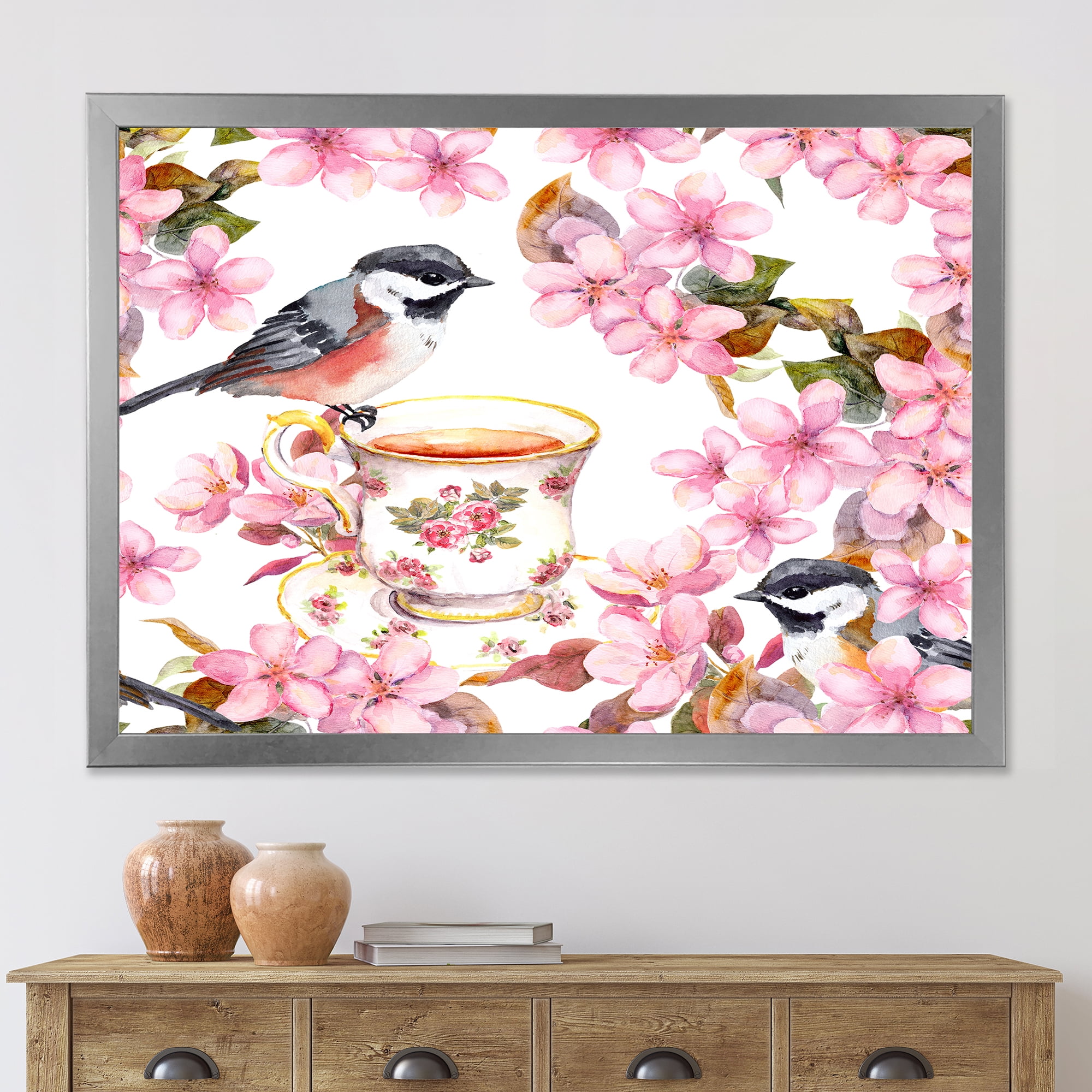 Designart 'Tea Cup Birds and Pink Flowers' Traditional Framed Art Print