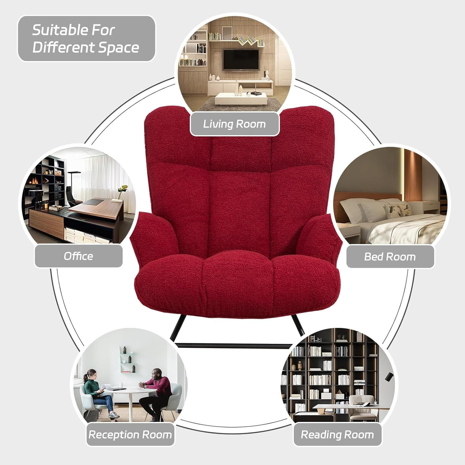Nursery Rocking Chair Teddy, Upholstered Glider Rocker with High Backrest, Comfortable Stylish Accent Armchair with Padded Seat for Living Rooms, Bedrooms, Offices, Burgundy