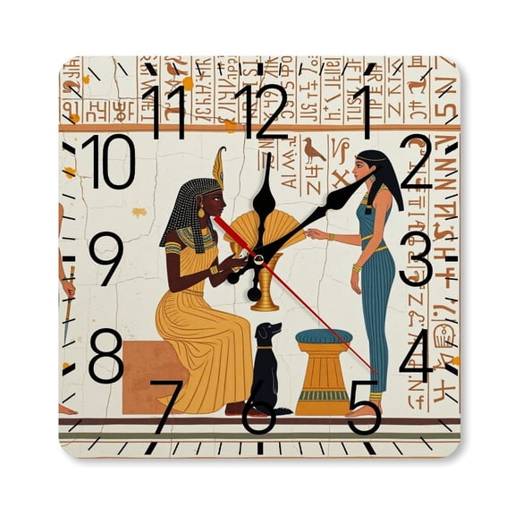RKSupls 10×10inch Square Silent Wall Clock Wooden Frame, Ancient Egyptian Women Art Scale Decorative Clock for Home Bedroom Living Room Office
