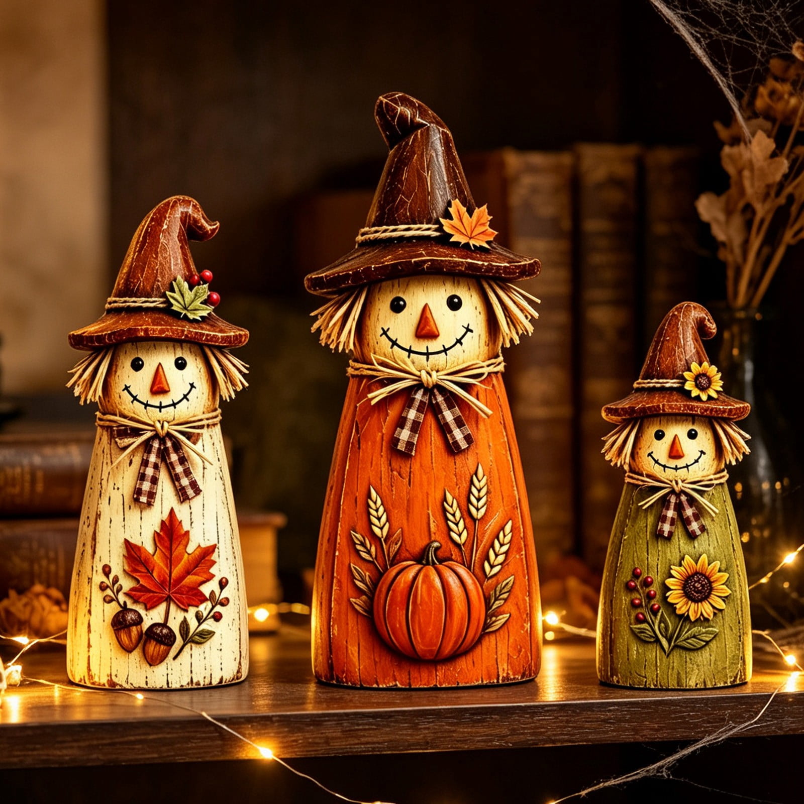 YardChic 3 Pack Thanksgiving Scarecrow Wooden Decor, Harvest Wooden Rustic Wooden Scarecrow Ornaments, Fall Tiered Tray Autumn Table centerpiece Wood Standing Signs for Halloween Home Decoration