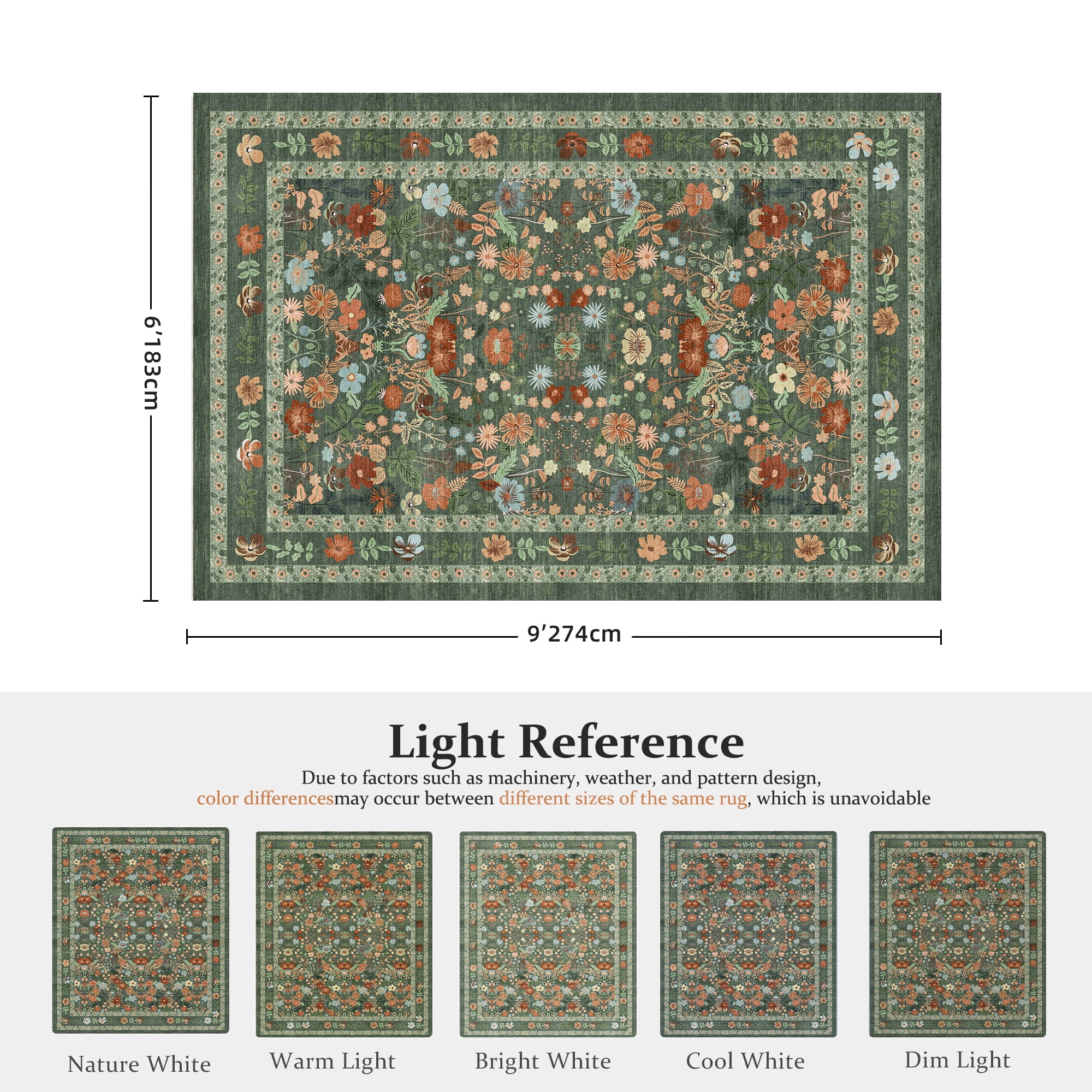 ATHOPE 6x9 Area Rugs for Living Room Bedroom, Floral Washable Soft Low Pile Rug with Non-Slip Backing, Large Vintage Distress Print Pattern Carpet, Green Floral