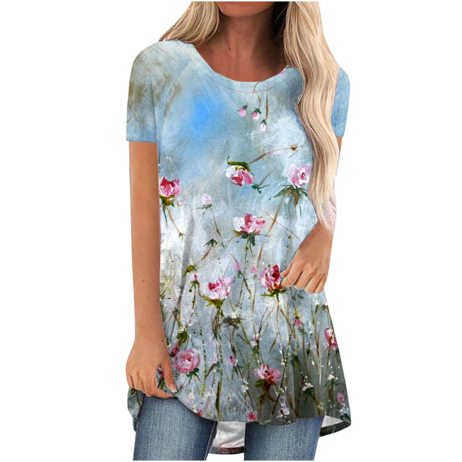 ZQGJB Summer Shirts for Women Cute Floral Printed Casual Short Sleeve ...
