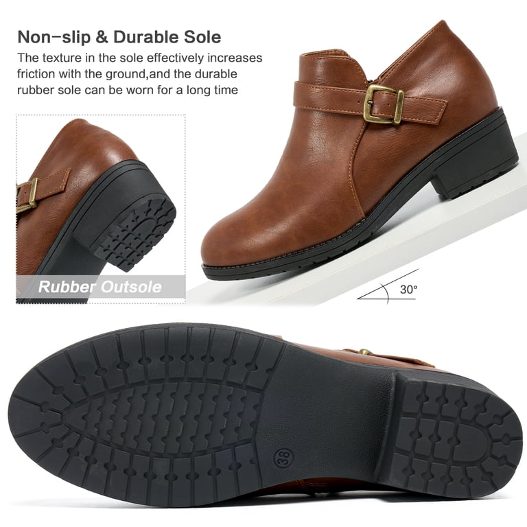 Ecetana Women's Chunky Low Heel Ankle Boots Round Toe Leather