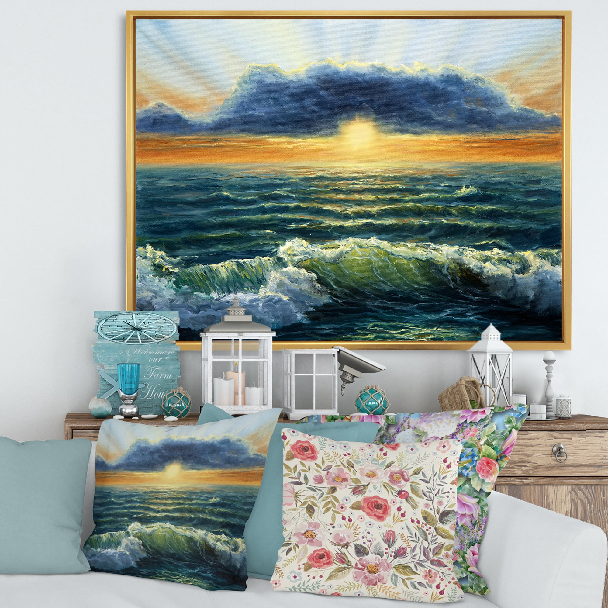 Designart 'The Blue Ocean In Sunset Evening I' Nautical & Coastal Framed Canvas Wall Art Print