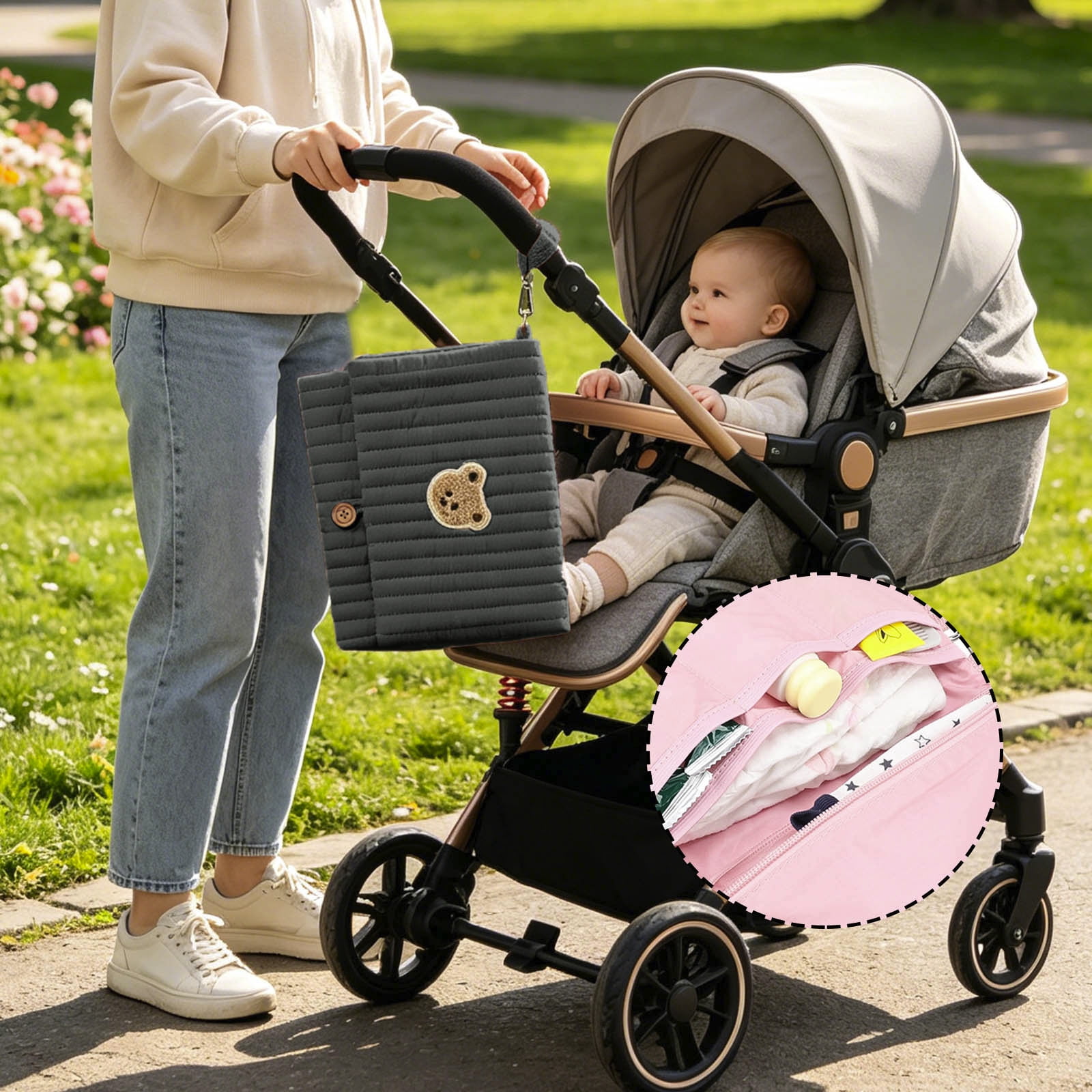 Bear Embroidery Baby Organizer Bag 10.6 Inch Multifunction Diaper Clutch with Wipes Pocket Portable Stroller Attachment Storage Pouch for Travel Green
