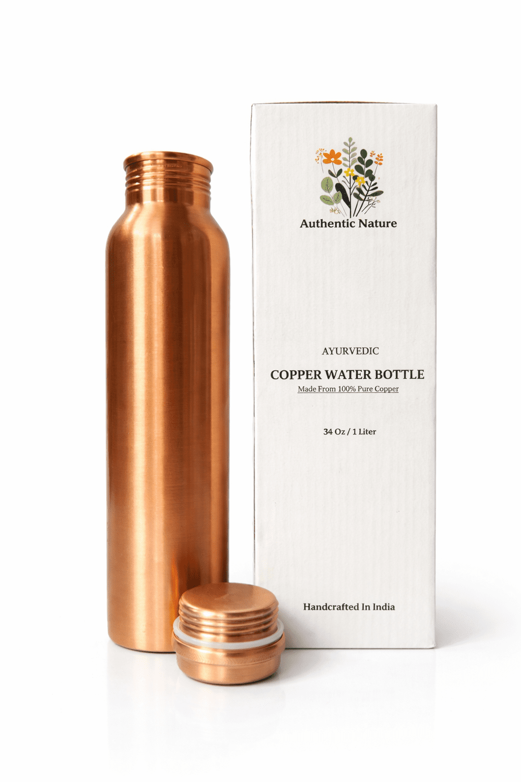 Authentic Nature Ayurvedic Copper Water Bottle, Pure Copper, 1 Litre/34 Oz, Plain, With Health Benefits, Handcrafted in India
