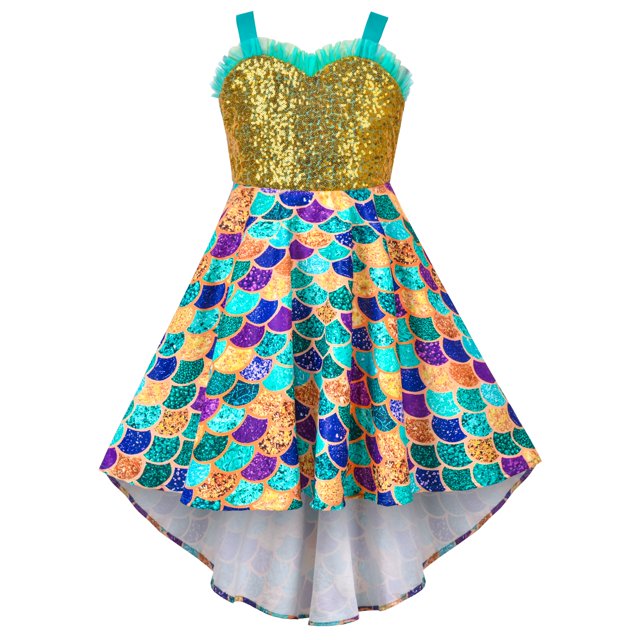 Girls Dress Mermaid Sequin Fish Scale Hi-lo Skirt Pretend Ruffle Sleeveless 8 Years