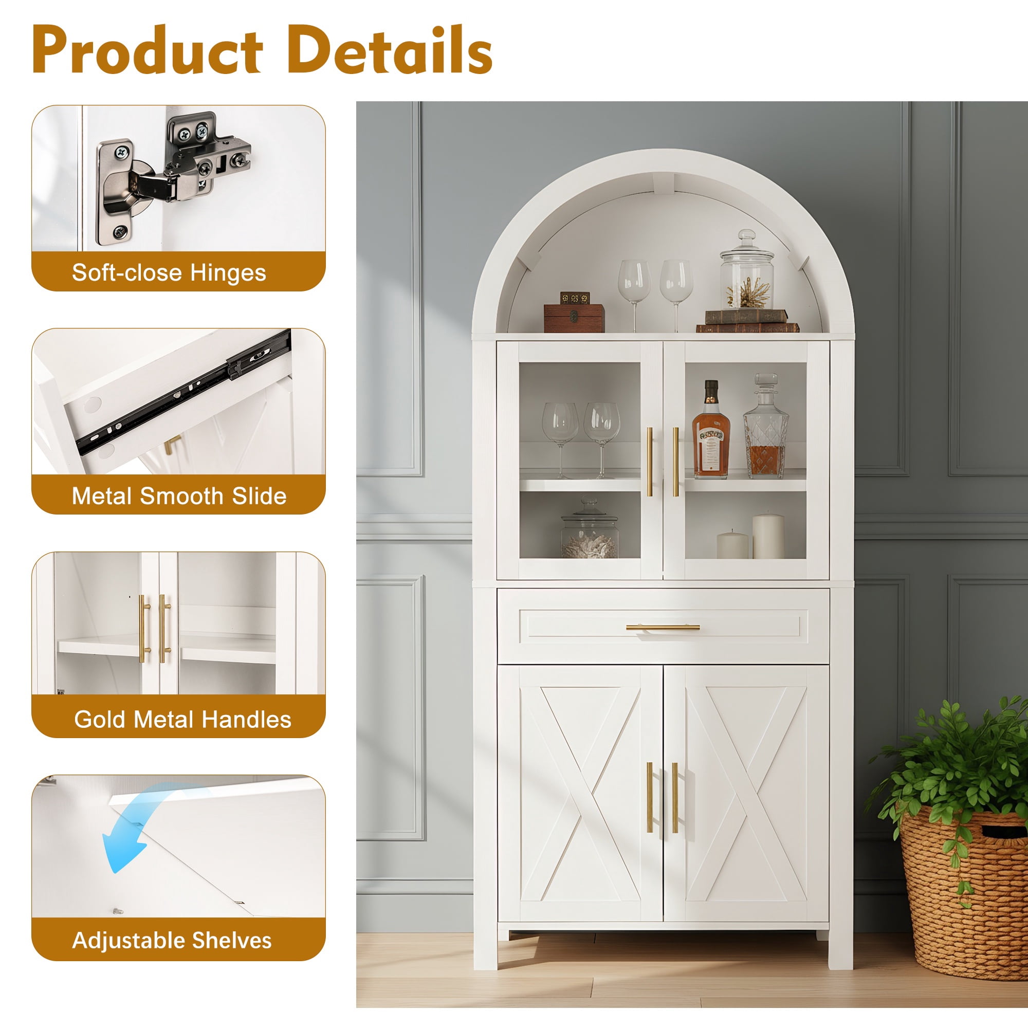 PORKISS Arched Kitchen Pantry Storage Cabinet, 71" Tall Wood Pantry Shelves with 4 Doors, 1 Large Drawer, Adjustable Shelves for Dining Room Living Room, White