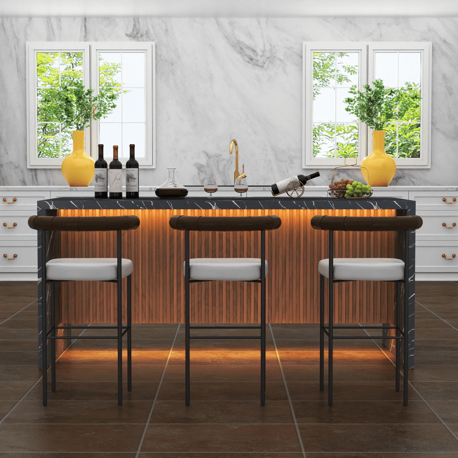 71" Modern Black Marble Dining Table with LED Lights, Rectangular Faux Marble Kitchen Table for 4-6 People, Large Island Table with Striped Grille Base for Dining Room, Home, or Living Room