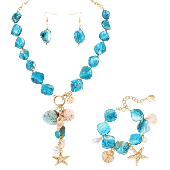 Bocar Natural Seashell Choker Necklaces Earrings Jewelry Set for Women Starfish Shell Freshwater Pearl Collar Necklaces for Women Irregular Mother of Pearl Jewelry Set