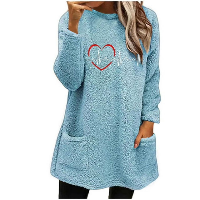 FAIWAD Fleece Long Sleeve Top with Pockets Plus Size Fuzzy Round Neck Pullover Tops Warm Comfy Lounge Print Top