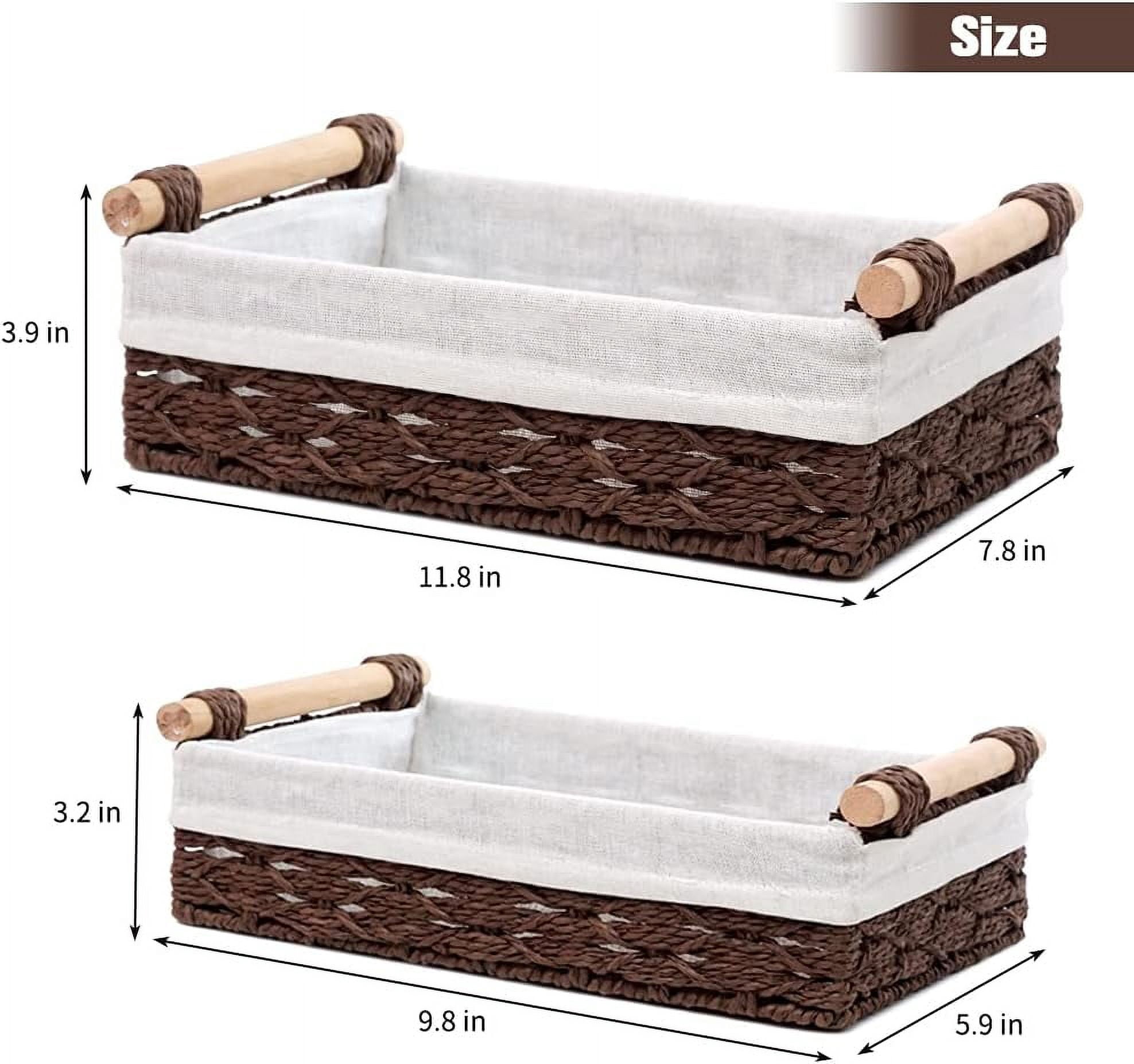 Round Paper Rope Storage Basket, Wicker Baskets for Organizing with Wooden Handles, Decorative Basket for Countertop, Bathroom Toilet Tank Basket, Small Baskets Set (Set of 2,Brown)