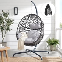 RADIATA Hanging Egg Chair with Stand and Waterproof Cover, Outdoor Indoor Wicker Rattan Swing Chair, 350lbs Capacity Hammock Nest Seat with Cushions, All-Weather Patio Porch Chair, Light Gray