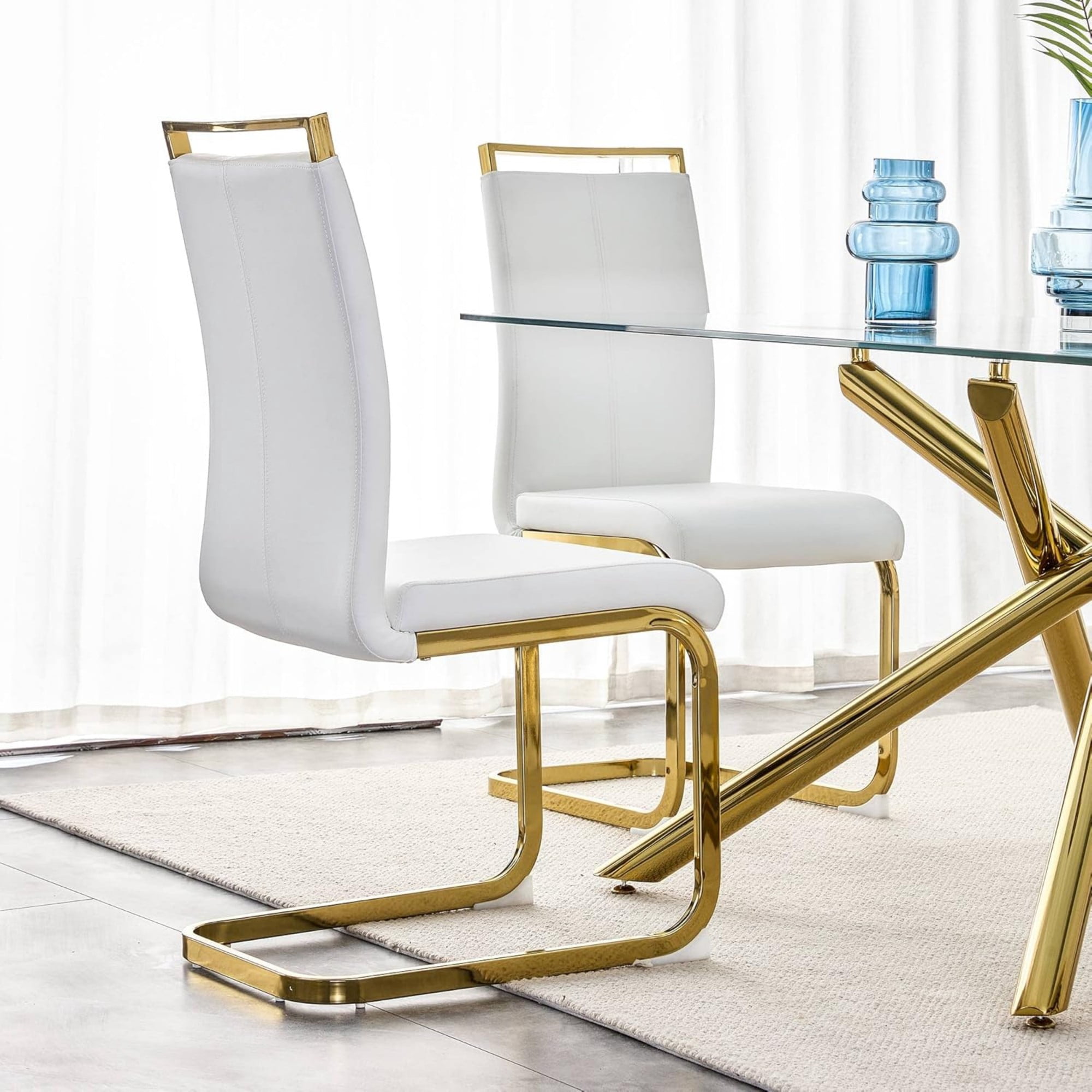 SUDICA Set of 4 Modern PU Leather Dining Chairs, White High Back Upholstered Seats with Gold C-Shaped Metal Legs for Dining Room or Kitchen
