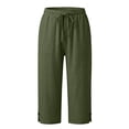 thumbnail image 6 of JFGHDG Women's High Waisted Linen Capri Pants Drawstring Elastic Waist Wide Leg Cropped Casual Trousers with Pockets and Button Split Hem Green 4XL, 6 of 7