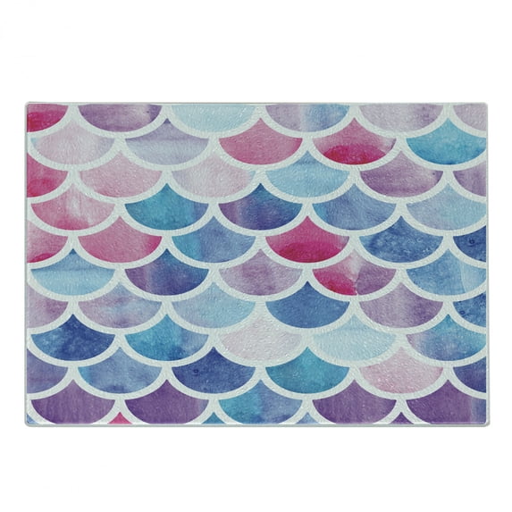 Fish Scale Cutting Board, Circles Pastel Watercolors Mermaid Pattern Tropical Illustration, Decorative Tempered Glass Cutting and Serving Board, Small Size, Multicolor, by Ambesonne