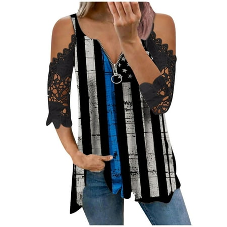 

4th of July Shirts for Women T Shirt Patriotic American Flag Print Short Sleeve Tunic Strappy Cold Shoulder Tops