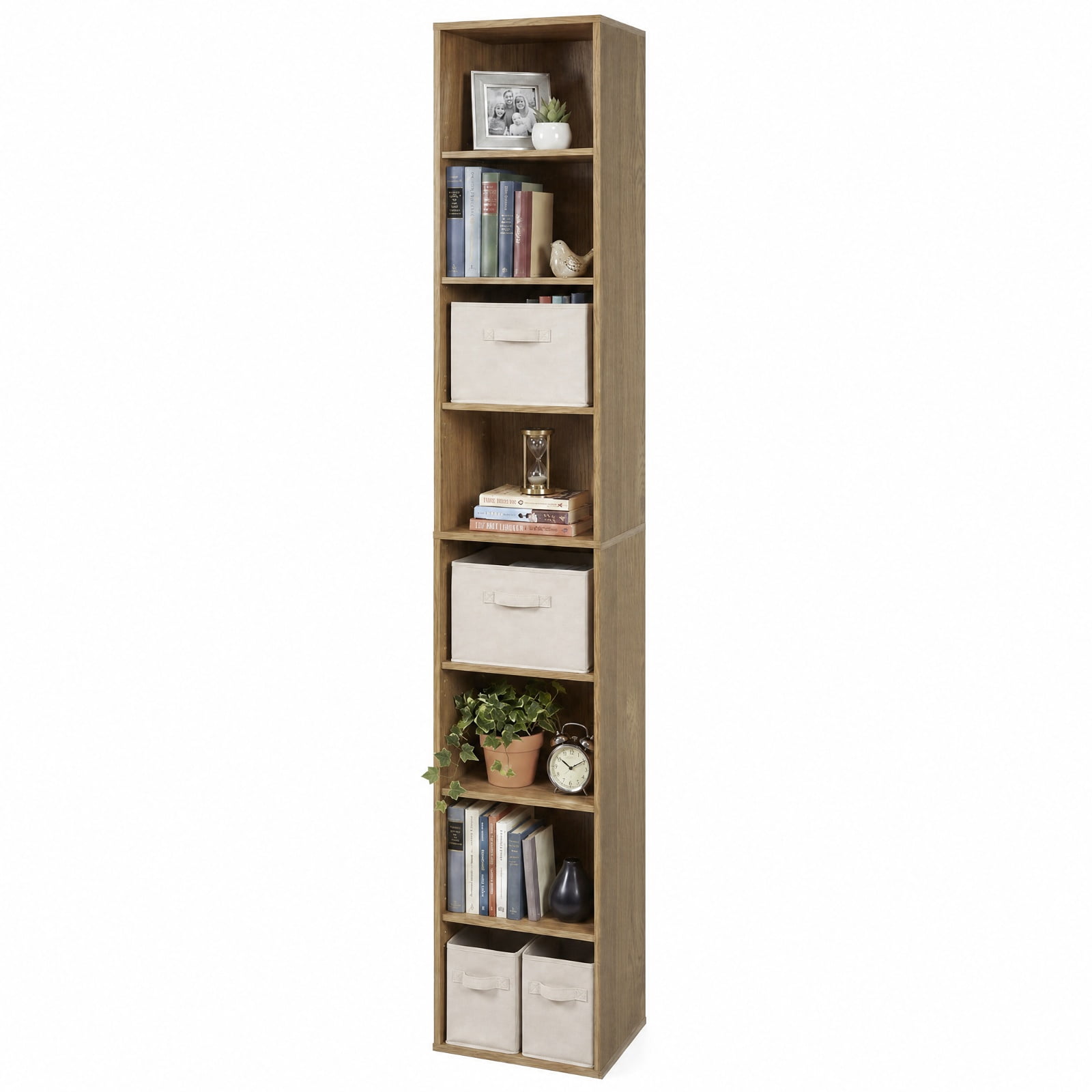 Furnibear 8-Tier Narrow Bookshelf with 4 Adjustable Shelves and Storage Cubes for Living Room Home Office Bedroom Display Storage Shelf, Natural