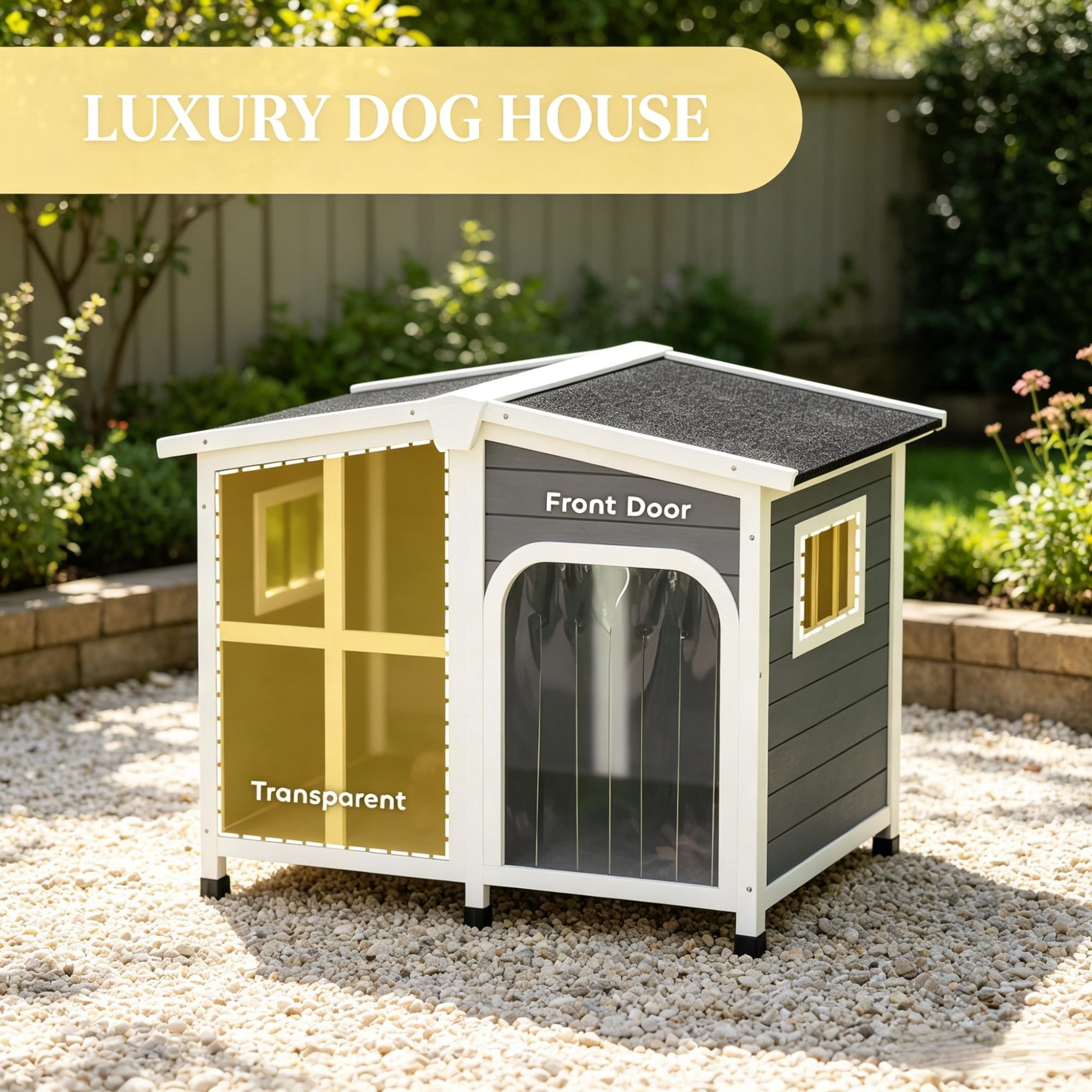 Large Dog House Cabin-Style Wooden Pet Shelter with Openable Roof And Giant Window, Gray