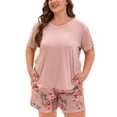 thumbnail image 3 of MUKVIK Plus Size Pajamas for Women Set, 2 Piece Womens Plus Size Short Sleeve V Neck Top and Shorts Pajama Sets with Pockets(Floral Brown 1,3X), 3 of 8