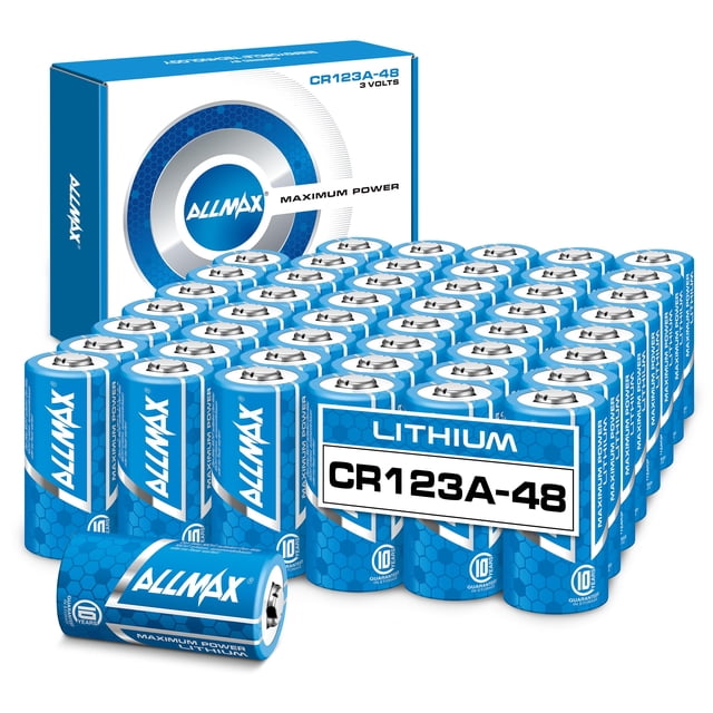 Allmax CR123A Piles au Lithium à Puissance Maximale (48 Unités) – les Plus Durables, Étanches, Durée de Conservation de 10 Ans, Performance Ultime, Parfaites pour les Systèmes de Sécurité Sans Fil (3 V)