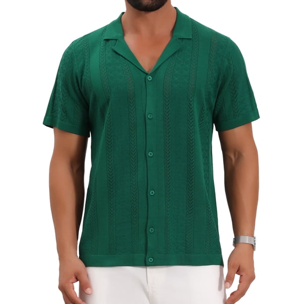CAMISA DE MALLA HOLLOW PARA HOMBRE CHIC DE CORTO CON BOTONES Y RAYAS 2XL VERDE