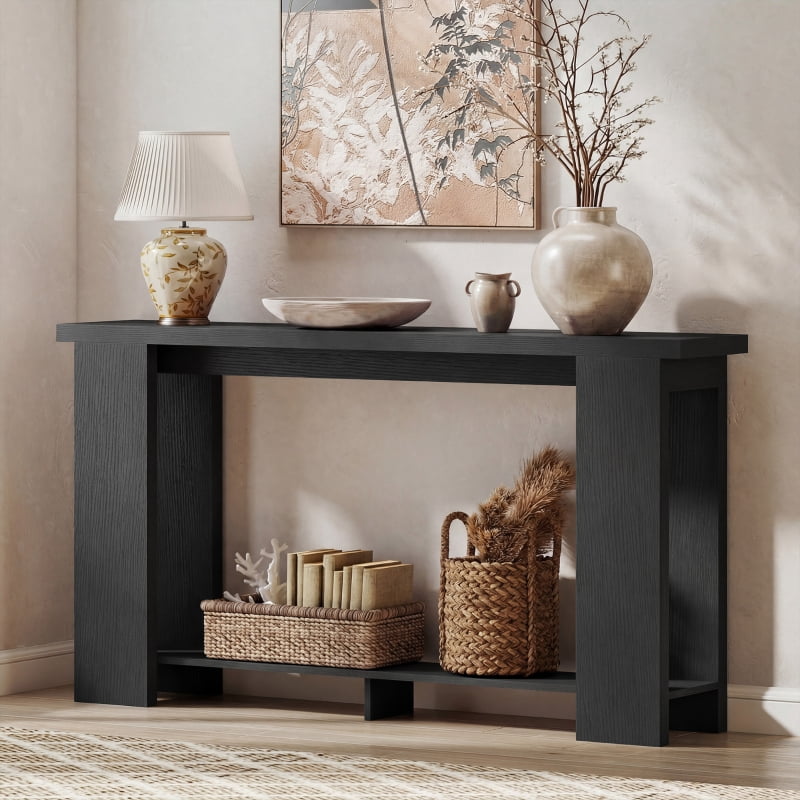 HOQBN Farmhouse Console Table, 63" Narrow Entryway Table with Thickened Tabletop for Living Room, Hallway, Distressed Black