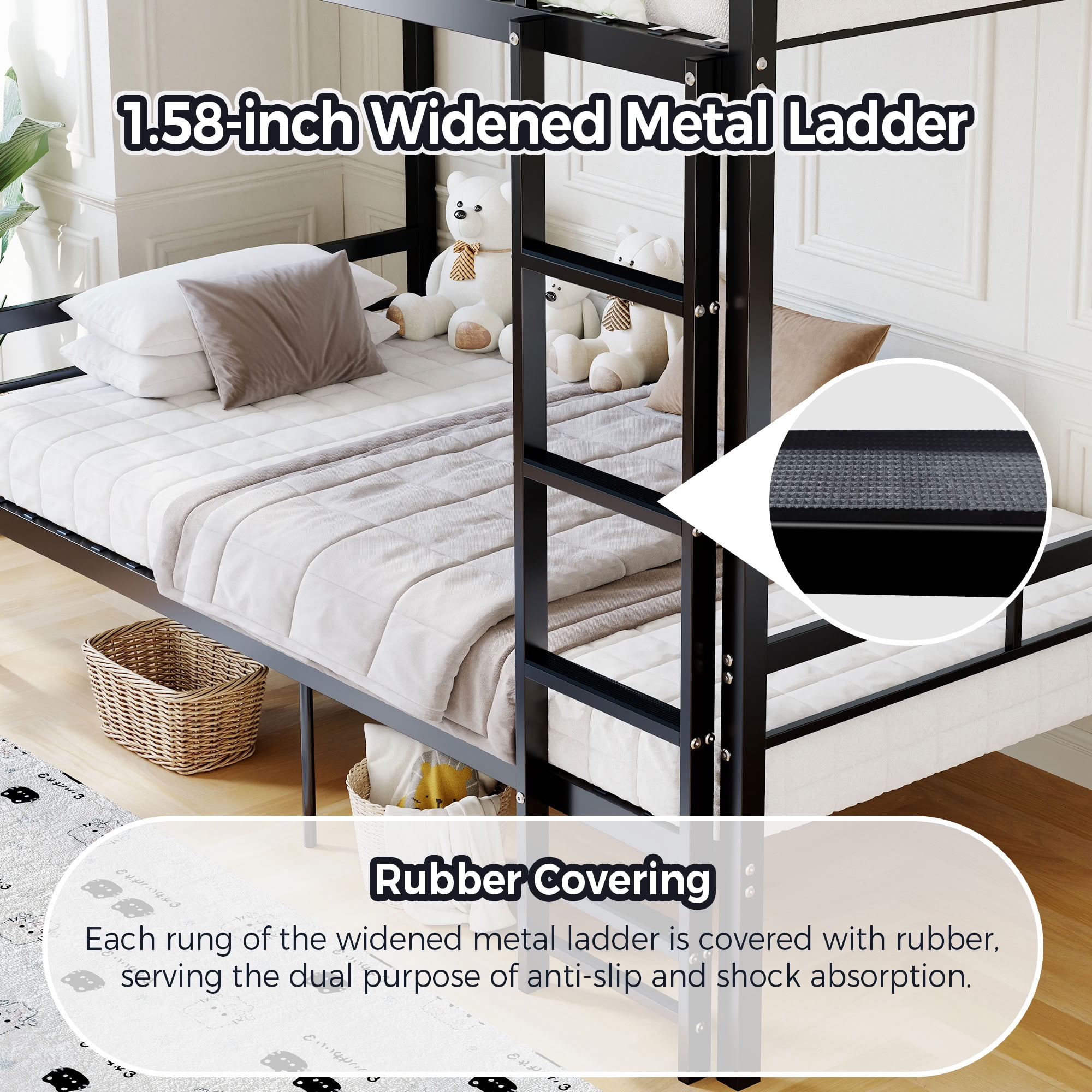 MAYEERTY Twin Over Twin Metal Bunk Bed, Heavy Duty Bunk Bed Frame with Guardrail for Kids Room, Black