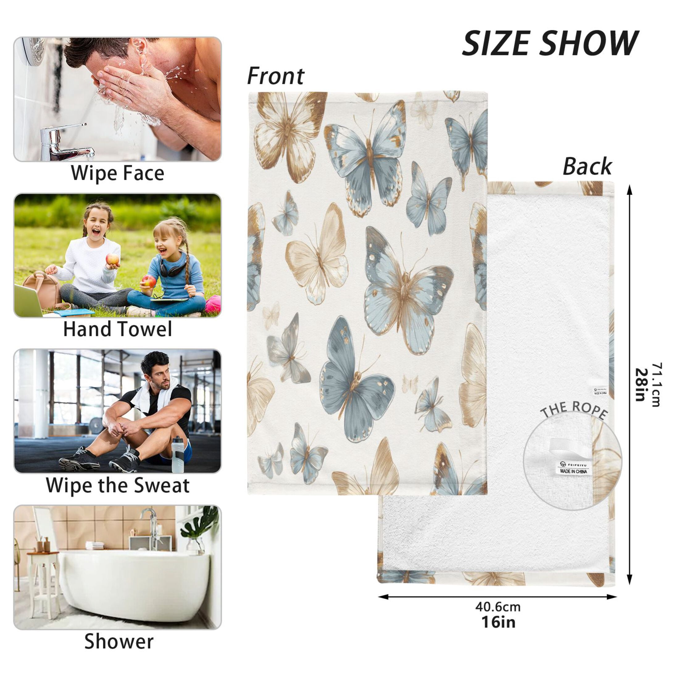 2 Pieces of Cotton Towel Face Towel Set Hand Towel Bath Towel Cotton Bath Towel Sets Blue Brown Cream Butterfly