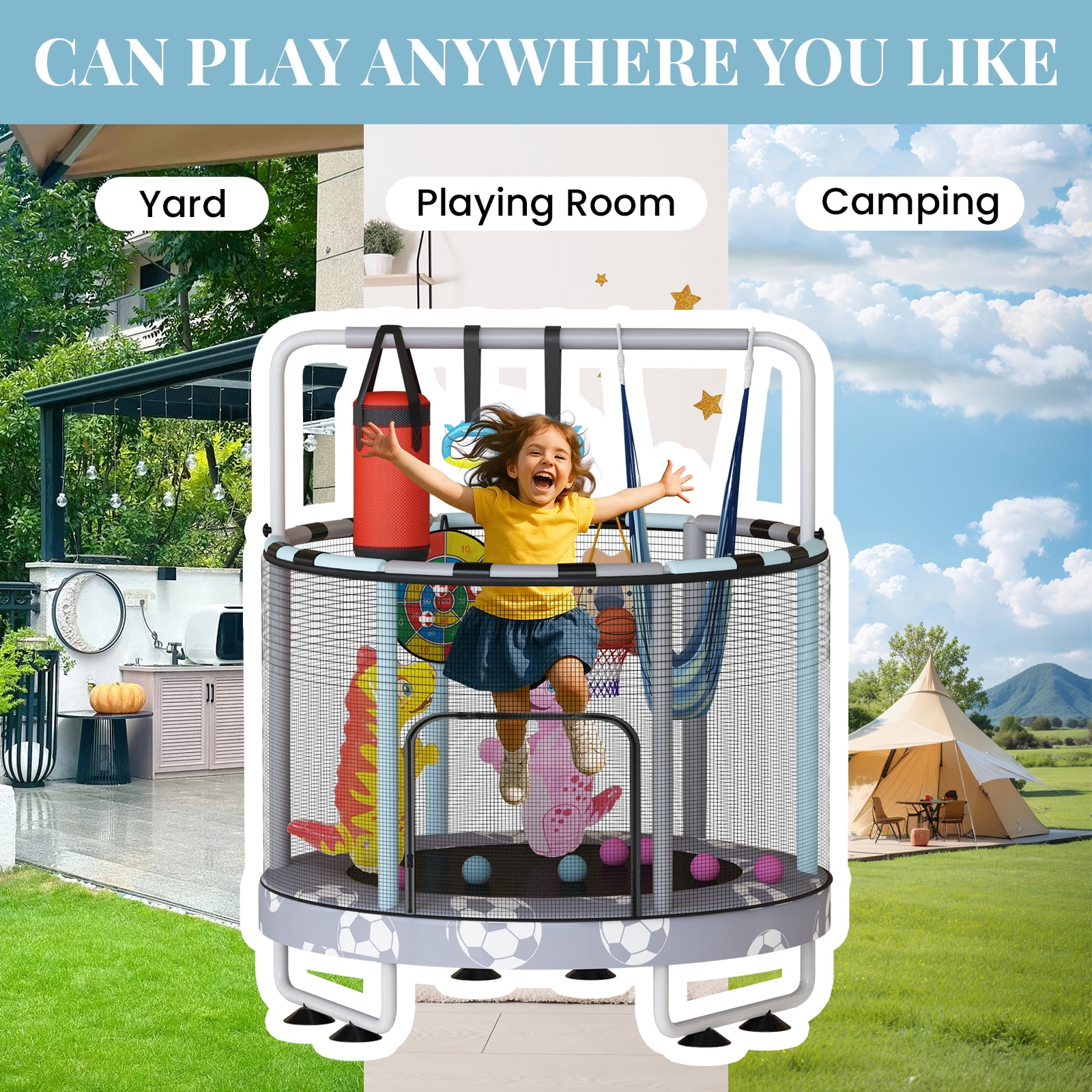 Mieres 55" 7-in-1 Upgraded Kids Trampoline with Swing & Basketball Hoop, Reinforced Safety Design with Adjustable Height & Net for Ages 3-8, 500lbs Capacity, In/Outdoor Play Center, Gray Soccer