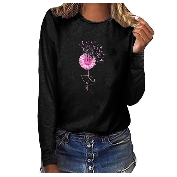 Fesfesfes Women's O-Neck Printing Tops Loose Casual Long Sleeve Breast Awareness Tops Tops on