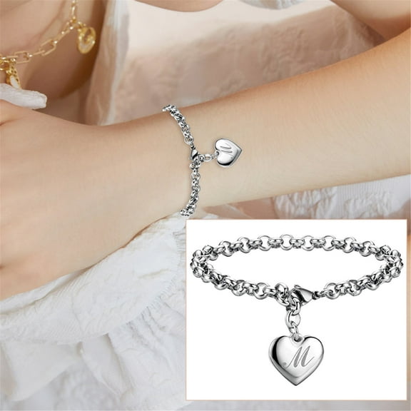 XIAQUJ Initial Charm Bracelets for Teen Girls Stainless Steel Heart Charm Bracelets for Women 26 Letters Alphabet Bracelet Jewelry Gifts for Teenage Girls Bracelets M