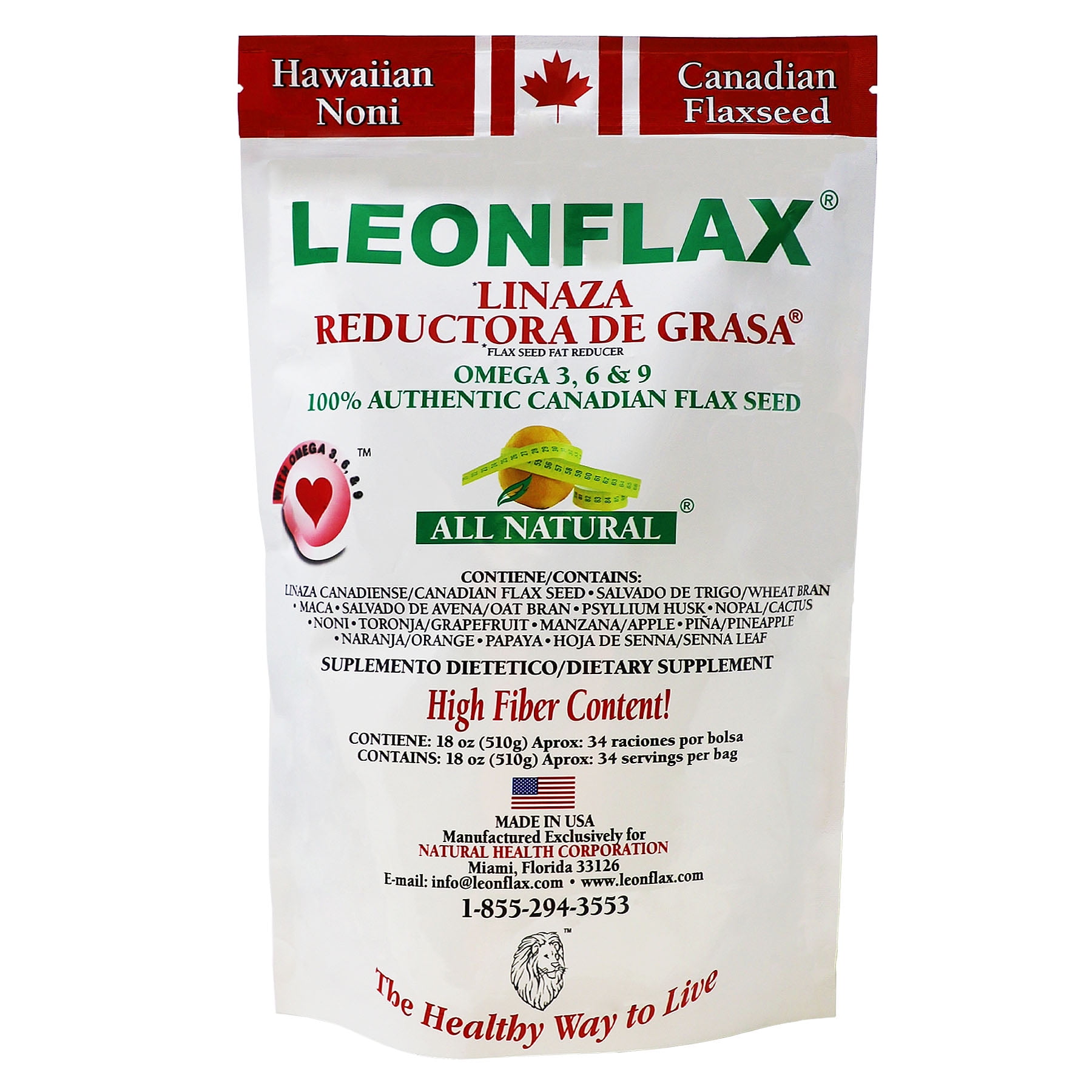 (2 pack) Leonflax 100% Authentic Canadian Flax Seed Dietary Supplement, 18oz Bag