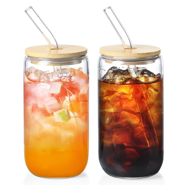 Set de vasos de vidrio NETANY con tapas de bambú y pajillas, 500 ml x2