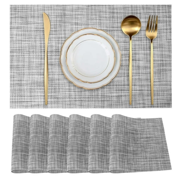 Lnrkai Placemats Set of 6, Wipeable Washable PVC Vinyl Kitchen Table Placemat, Modern Place Mats for Indoor/Outdoor Dining, Grey, 12"x17"