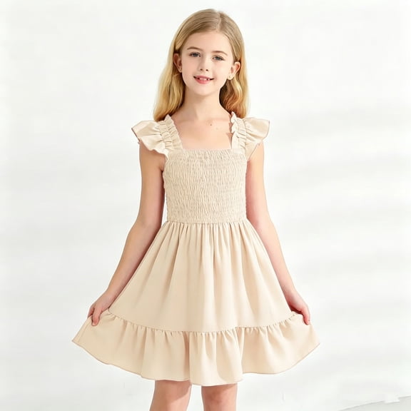 Elegant Sleeveless Solid Party Dress For Older Girls with Pleated Back Details Short Length Summer Style Square Neckline Casual Outdoor Holiday Wedding GownBeige2-3 Years