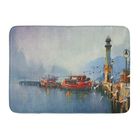 Watercolor Harbor - GODPOK Acrylic Blue Scenery Fishing Boat in Harbor at Morning Watercolor Painting Style Colorful Landscape Water Rug Doormat Bath Mat 23.6x15.7 inch
