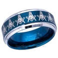 thumbnail image 2 of 9MM Men's Masonic Tungsten Carbide Ring - Freemasonry Masonic Symbol Ring - Comfort Fit Brushed Finish Blue Tungsten Wedding Band - 10.5, 2 of 3