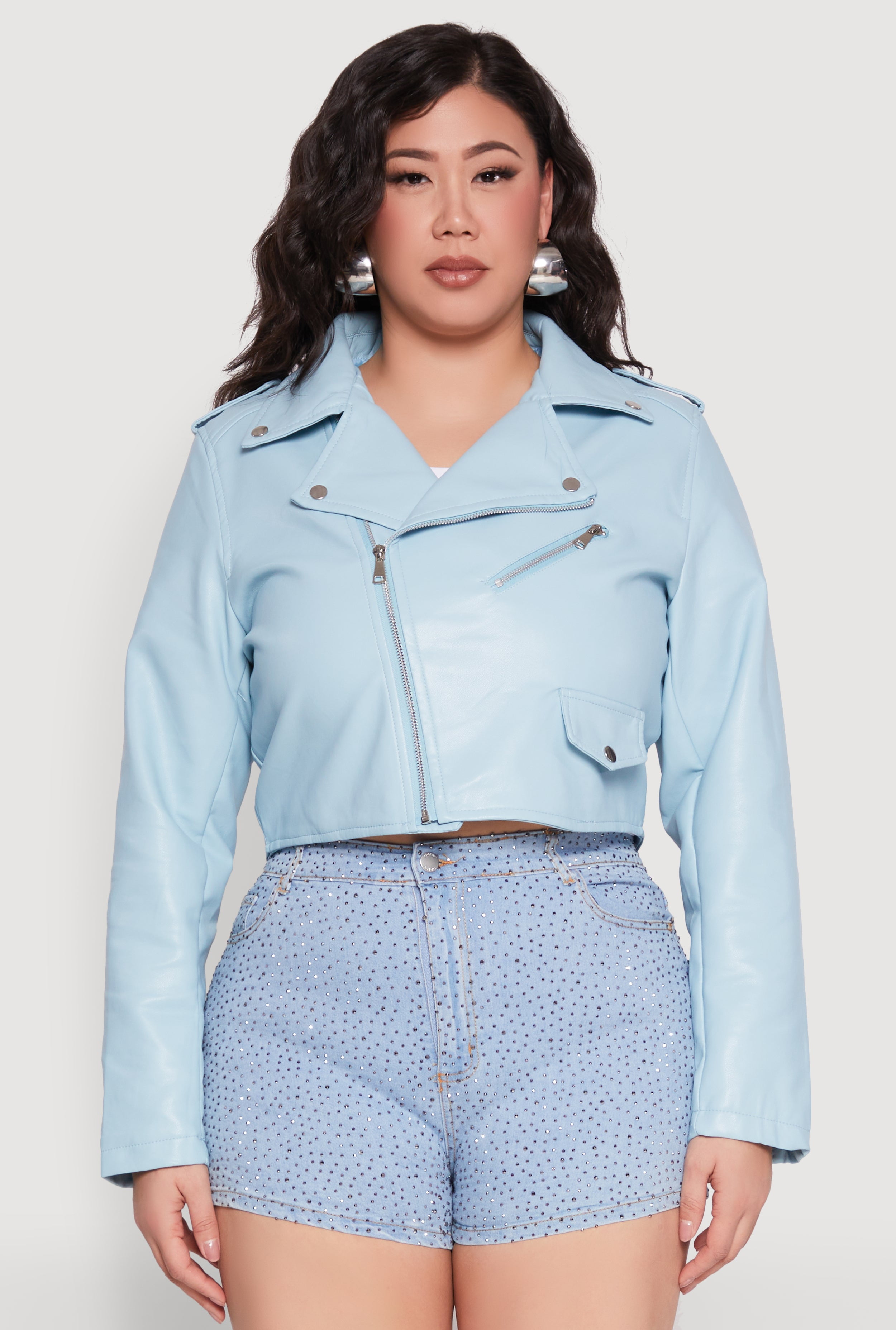 Womens Plus Size Daisy Faux Leather Cropped Moto Jacket