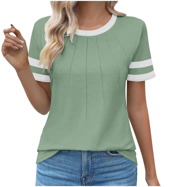XMMSWDLA Tunique d'Été Décontractée à Manches Courtes pour Femmes, Blouse Plissée Ajustée, Vert Armée, pour Sortir